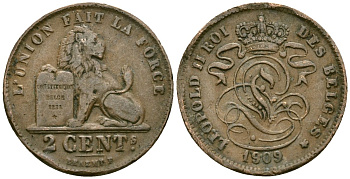 Бельгия 2 сантима 1909 KM 35 медь 4177-1051
