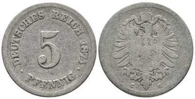 ГЕРМАНИЯ 5 ПФЕННИГОВ 1874 C, СТАРОГЕРБОВКА KM 3, J. 3 медно-никель 39-316