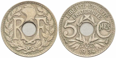 ФРАНЦИЯ 5 САНТИМОВ 1934 ТИП ЛИНДАЙЁ KM 875, LE FRANC 122.17 медно-никель 105-363