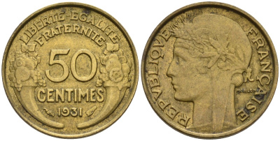 Франция 50 сантимов 1931 KM 894 алюминиевая бронза 4596-728
