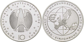 ФРГ 10 евро 2002 F, введение европейской валюты KM 215, DE.S. 10.1 серебро PROOF 1076-6-21