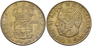 Швеция 1 крона 1967 U, Густав VI Адольф (1950-1973) KM 826 серебро 4150-222