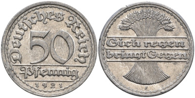 Германия 50 пфеннигов 1921 F KM 27, J.301, Weege 10 алюминий UNC 4584-754