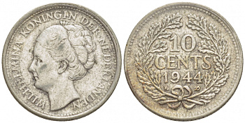 Нидерланды 10 центов 1944 Вильгельмина I (1890-1948) KM 163 серебро 3457-1228