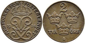 Швеция 2 эре 1934 Густав V (1907-1950) KM 778 бронза 4385-1035