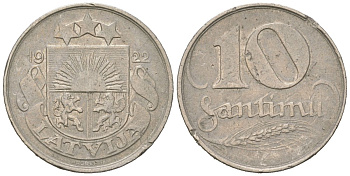 Латвия 10 сантимов 1922 KM 4 никель 96-1113