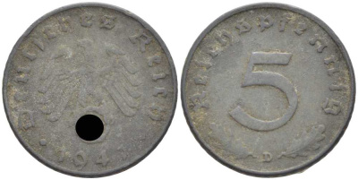 ГЕРМАНИЯ 5 РЕЙХСПФЕННИГОВ 1941 D KM 100, J. 370 цинк 105-228
