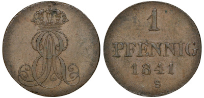 Ганновер 1 пфенниг 1841 S, Эрнст Август (1837-1851) KM 173.3, AKS 128, J. 54 медь 72-1631