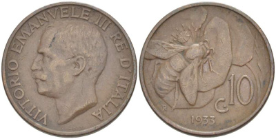 ИТАЛИЯ 10 ЧЕНТЕЗИМО 1933 R, МОНДВОР РИМ, ВИКТОР ЭММАНУИЛ III (1900-1946) KM 60 медь 4525-321