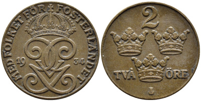 Швеция 2 эре 1934 Густав V (1907-1950) KM 778 бронза 4385-1035