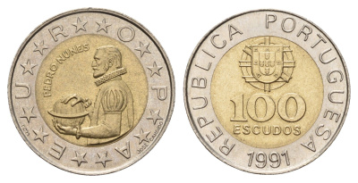 Португалия 100 эскудо 1991 Педру Нуниш (1502-1578), математик KM 645 биметалл 4675-342