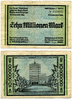 ДЮССЕЛЬДОРФ 10000000 марок (10 миллионов) 1923 25 августа 1923, нотгельд, земля Северный Рейн-Вестфалия, REIHE I Keller 1150t бумага 2193-32-2-2