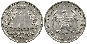 ГЕРМАНИЯ 1 РЕЙХСМАРКА 1934 А KM 78, J. 354 никель 4380-533