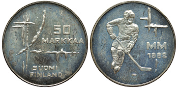 Финляндия 50 марок 1982 K-T, чемпионат мира по хоккею KM 60 серебро 1530-1443