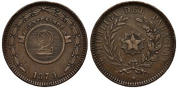 Парагвай 2 сентесимо 1870 KM 3 медь 4380-732