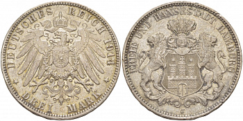 Гамбург 3 марки 1914 J, свободный город KM 296, J 64 серебро 413-1514
