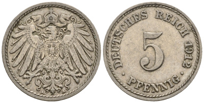 Германия 5 пфеннигов 1912 A, KM 11, J. 12 медно-никель 220-612