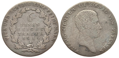 Пруссия 1/6 рейхсталера 1814 A, Фридрих Вильгельм III (1797-1840) KM 385 серебро     1522-1143