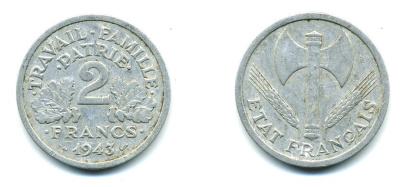 Франция 2 франка 1943 правительство Виши KM 904.1 алюминий 54-1222
