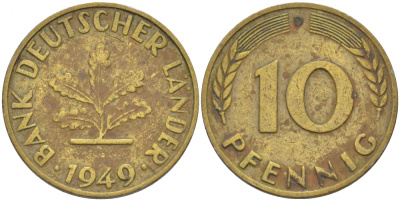ФРГ 10 ПФЕННИГОВ 1949 D KM 103, J.378 сталь плакированная латунью 113-1045