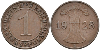 Германия 1 рейхспфенниг 1928 D KM 37, J.313, Weege 2 медь 4585-566