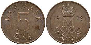 ДАНИЯ 5 ЭРЕ 1978 S; B, МАРГРЕТЕ II (1972-) KM 859.1 железо плакированное медью 116-156