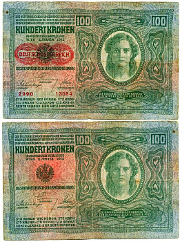 Австрия 100 крон 1912 (1919) красная надпечатка на Pick 12, на аверсе Pick 56 a бумага 3295-19-2