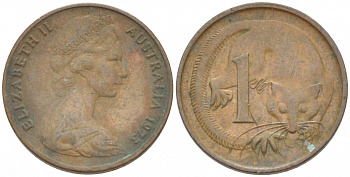 АВСТРАЛИЯ 1 ЦЕНТ 1973 ЕЛИЗАВЕТА II, МОЛОДОЙ ПОРТРЕТ, ОПОССУМ КМ 62 бронза 3851-1113