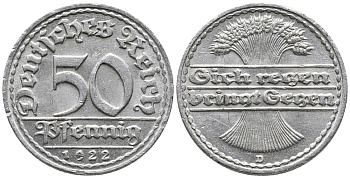 ГЕРМАНИЯ 50 ПФЕННИГОВ 1922 D KM 27, J. 301 алюминий 24-1115