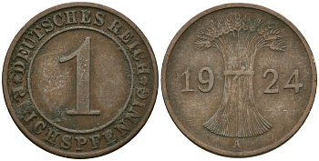 Германия 1 рейхспфенниг 1924 A KM 37, J. 313 бронза 4189-1054