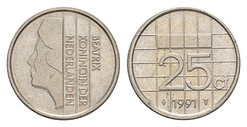 Нидерланды 25 центов 1991 Беатрикс (1980-2013) KM 204 никель aUNC 4630-1117