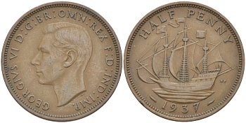 Великобритания 1/2 пенни 1937 Георг VI (1936-1952) KM 844, Spink 4115 бронза 4514-1242