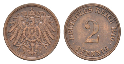 Германия 2 пфеннига 1910 A, Вильгельм II (1888-1918) KM 16, J. 11 медь 4647-852