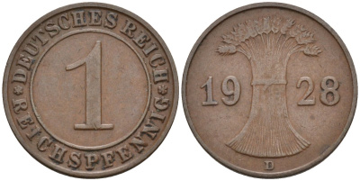Германия 1 рейхспфенниг 1928 D KM 37, J.313, Weege 2 медь 4585-566
