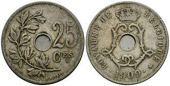 Бельгия 25 сантимов 1909 Belgique KM 62 медно-никель 4168-1213