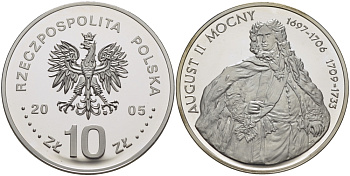 Польша 10 злотых 2005 MW, серия короли польши, Август II Сильный (1697-1706) (1709-1733) KM 461 серебро PROOF 1074-8-55