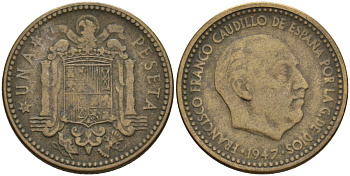 Испания 1 песета 1947 (53) Франсиско Франко (1939-1975) KM 775 алюминиевая бронза 3336-115
