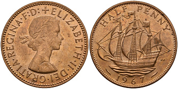 Великобритания 1/2 пенни 1967 Елизавета II (1952-2022) KM 896, Spink 4158 бронза UNC 4156-514