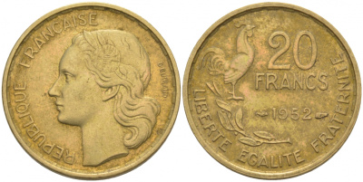 ФРАНЦИЯ 20 ФРАНКОВ 1952 KM 917.1 алюминиевая бронза 186-411