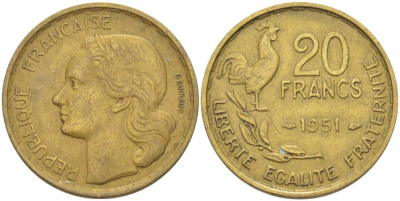 ФРАНЦИЯ 20 ФРАНКОВ 1951 ПЕТУХ, 4 ПЕРА KM 917.1, LE FRANC 402.7 алюминивая бронза 175-643