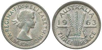 Австралия 3 пенса 1963 m, Елизавета II (1952-2022) KM 57 серебро 71-856