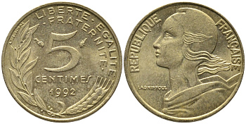 ФРАНЦИЯ 5 САНТИМОВ 1992 ТИП MARIANNE KM 933 медь алюминий никель 99-1126