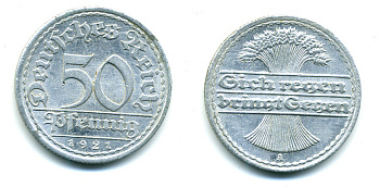 Германия 50 пфеннигов 1921 A KM 27, J.301, Weege 10 алюминий 4385-544