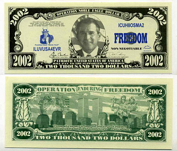 США 2002 ДОЛЛАРА 2002 СУВЕНИРНАЯ БАНКНОТА, ОПЕРАЦИЯ НЕСОКРУШИМАЯ СВОБОДА бумага UNC (ПРЕСС) 8588-69-4-1