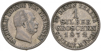 Пруссия 1 СЕРЕБРЯННЫЙ ГРОШ 1872 C, ВИЛЬГЕЛЬМ KM 485 серебро 44-954