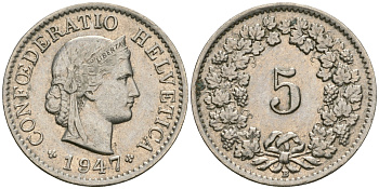 Швейцария 5 раппенов 1947 KM 26 медно-никель UNC 4608-1042