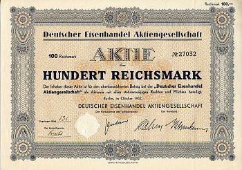 Германия 100 рейхсмарок 1932 Немецкое акционерное общество по торговле железом, акция   бумага  8803-141-1