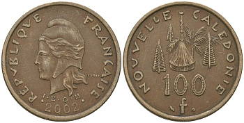 Французская Новая Каледония 100 франков 2002 хижина среди сосен и пальм, (IEOM) KM 15, Schoen 16, Lec 139f никель бронза 109-624