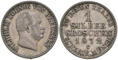 Пруссия 1 СЕРЕБРЯННЫЙ ГРОШ 1872 C, ВИЛЬГЕЛЬМ KM 485 серебро 44-954