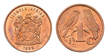 ЮАР 1 цент 1998 герб, капские воробьи KM 170 сталь плакированная медью UNC 4694-225